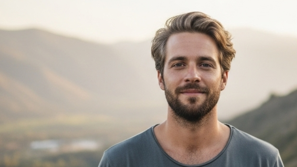 Uśmiechnięty mężczyzna z brodą stoi na tle g&oacute;r przy zachodzie słońca.