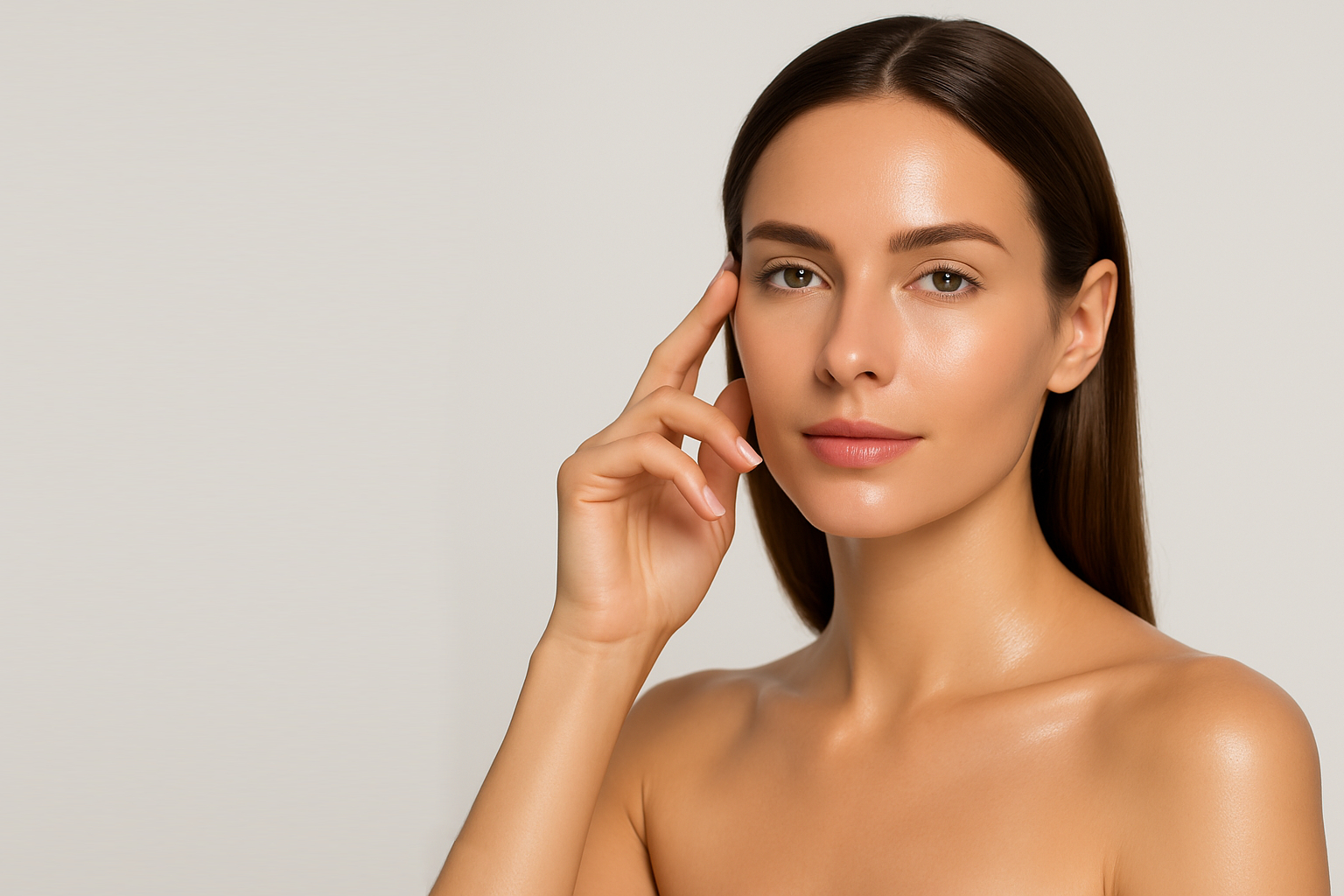 Kobieta o pięknej cerze i długich brązowych włosach.