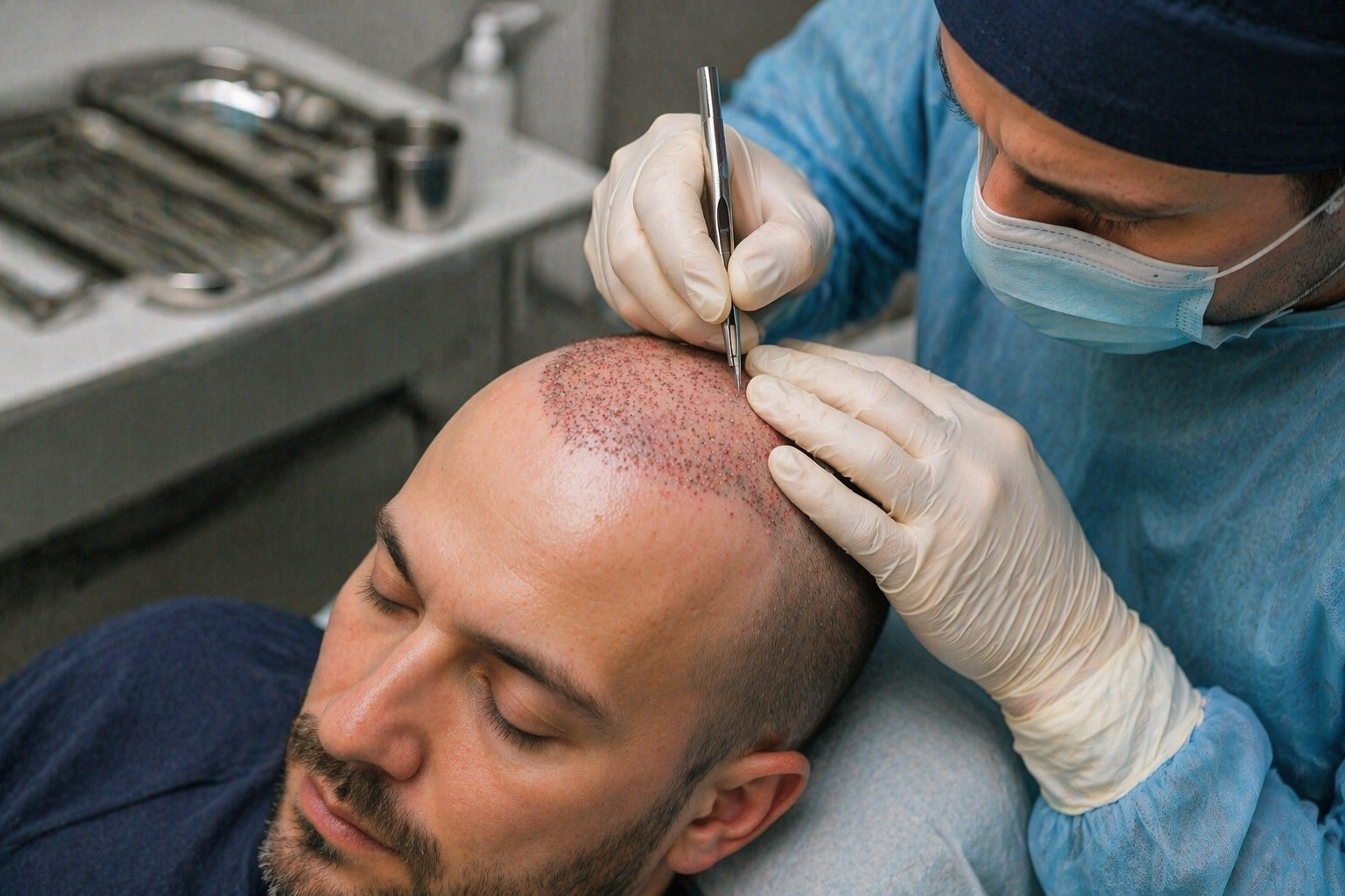 Przeszczep włos&oacute;w metodą FUE &ndash; lekarz wykonuje implantację mieszk&oacute;w włosowych u pacjenta w warunkach klinicznych